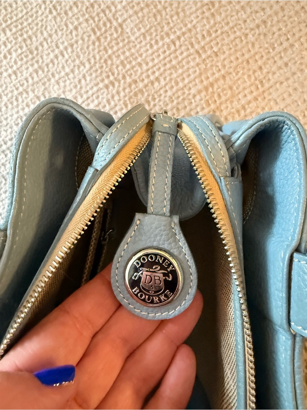 Vintage Dooney & Bourke Powder Blue Pebble All Weather Leather (AWL) 2 Satchel - Picture 8 of 11